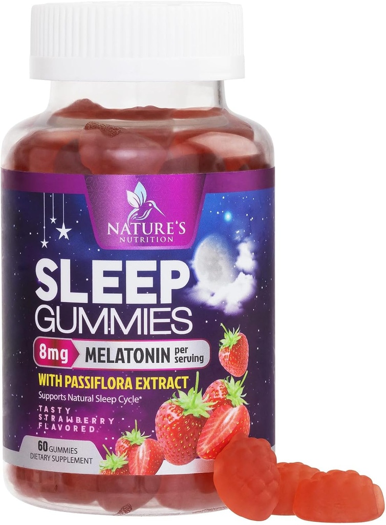 Sovegummi til voksne ekstra styrke 8mg - Melatonin med passiflora ekstrakt for afslappende søvn - Fast fungerende melatonin sovegummi supplement, Vegan, Non- GMO, Tasty Strawberry Flavor - 60 gummies
