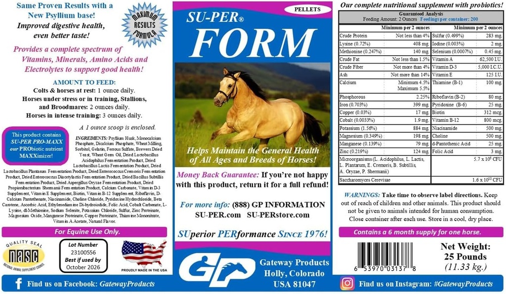 SU- PER Form Horse Vitaminer og mineral Pellets - Ernæringstilskud med Probiotika - Vitamin, Mineraler, Aminosyrer & Elektrolyter - Hjælper med at opretholde generel sundhed - 25 Pounds, 6 Måned Supply