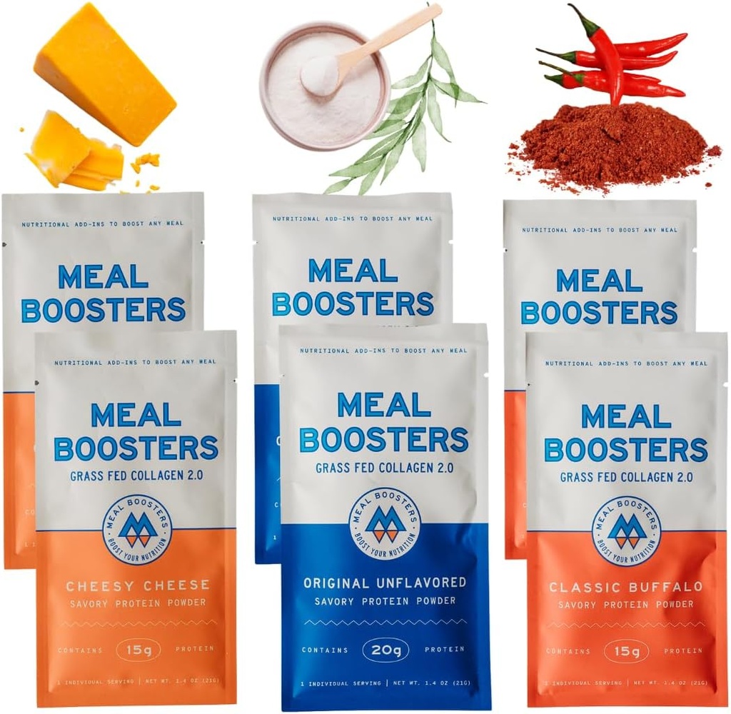 Meal Boosters MB Variety Pack Sampler Savory Protein Supplement, Cheesy Cheese, Buffalo, Unflavored, Grass-Fed Collagen, Muscle Growth, Tendon, Ligament, Hair Skin Repair, Gut Health