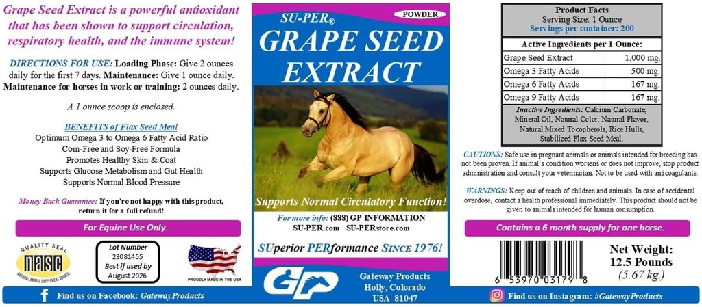 SU- PER Grape Seed Extract Horse Antioxidant - Equine Antioxidant Supplement for Performance Heste - Understøtter cirkulering Respiratoriske Sundhed & Immunsystem - 12,5 Pund, 6 Måned Supply