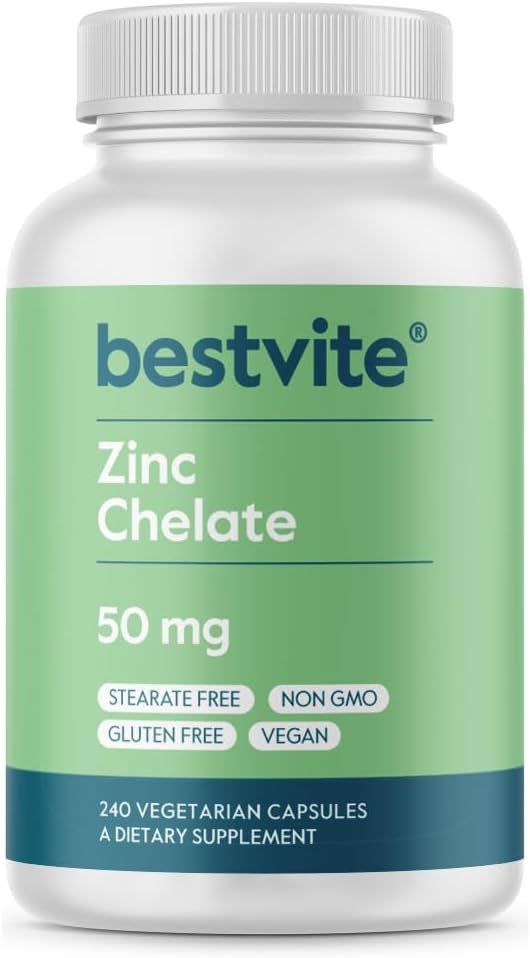 BESTVITE Zinkchelat 50mg (240 vegetariske kapsler) - Ingen stearater - Ingen dicalciumphosphat - Vegan - Non GMO - Gluten Free