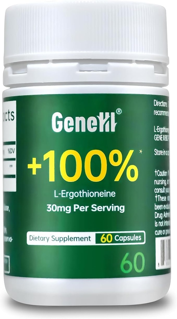 L- Ergothioneine Supplement, 30mg (EGT) / Servering, 6X Ergothioneine Mushroom Extract Supplements Longevity, Immunsupport, Heart Health & Brain Supplement, Lab Testet, Made in USA, 60 Servere