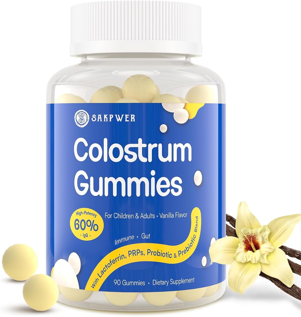 Bovine Colostrum Supplement Gummies - med 60% Højeste IgG, Lactoferrin, Probiotika og Prebiotika til voksne og børn, Vanilla Flavor & Sukker Free, 90 Gummies