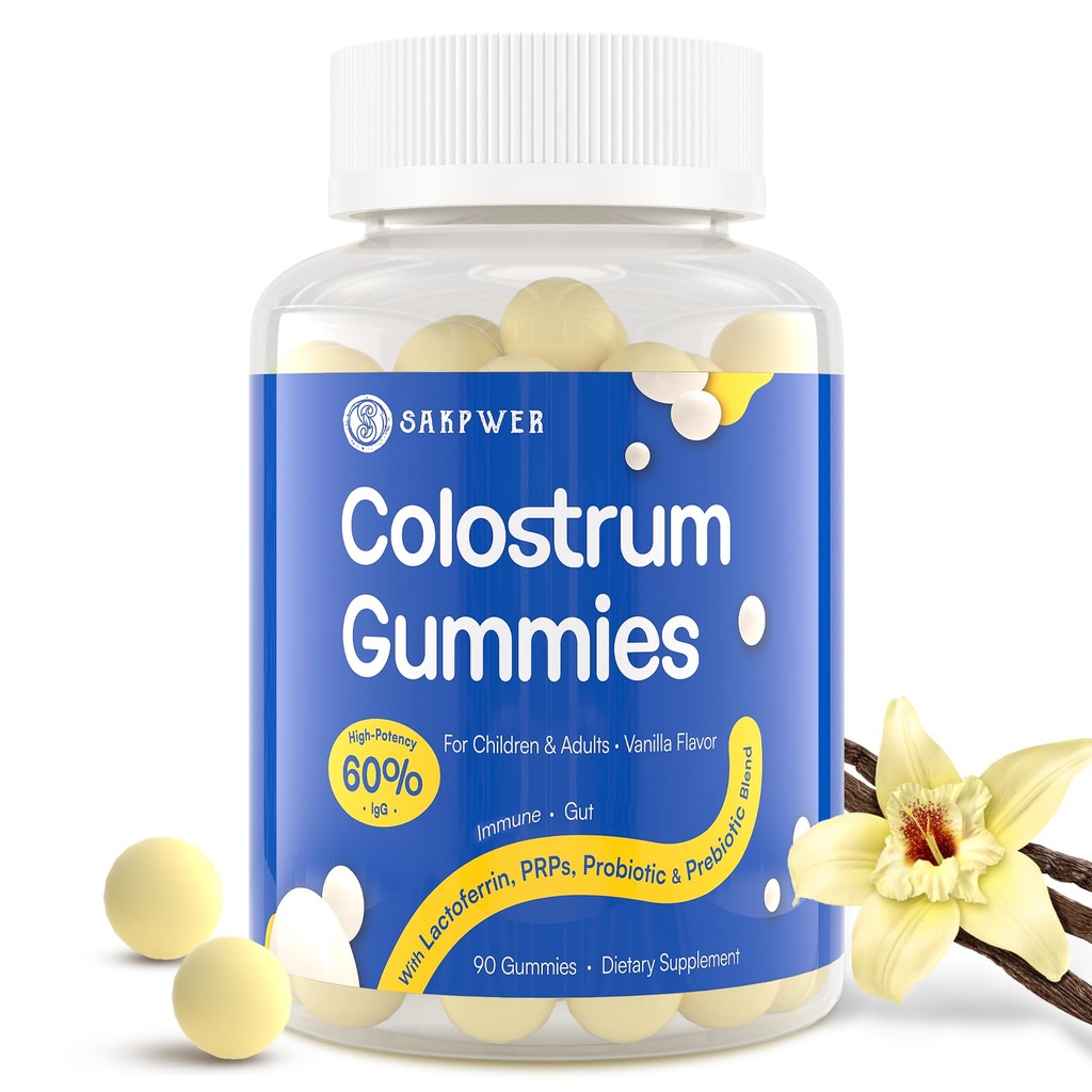 Bovine Colostrum Supplement Gummies - med 60% Højeste IgG, Lactoferrin, Probiotika og Prebiotika til voksne og børn, Vanilla Flavor & Sukker Free, 90 Gummies