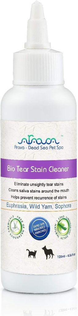 Arava Natural Tear og Stain Remover for hunde og katte - Effektiv løsning med 26 Dead Sea Minerals, Fjerner og forebygger øje og Saliva Stains