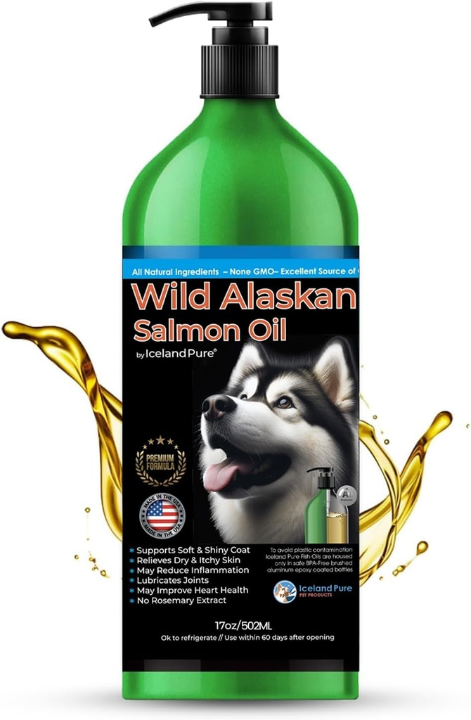 Wild Alaska lakseolie til hunde og katte fra Island Pure Budding 124; 1,043 mg Omega-3 per teske Buddy 124; Salmon Oil & Pollock Blend Buddy 124; BPA- Free Børstet aluminium Epoxy Overtrukket flaske med pumpe - 17 oz