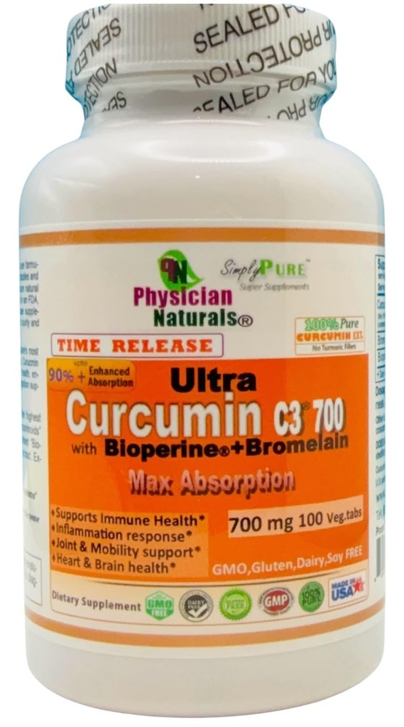 Ultra Curcumin C3 Time Release w Bioperine og Bromelain Time Release 700mg 100 Veg.tabs Max Absorption