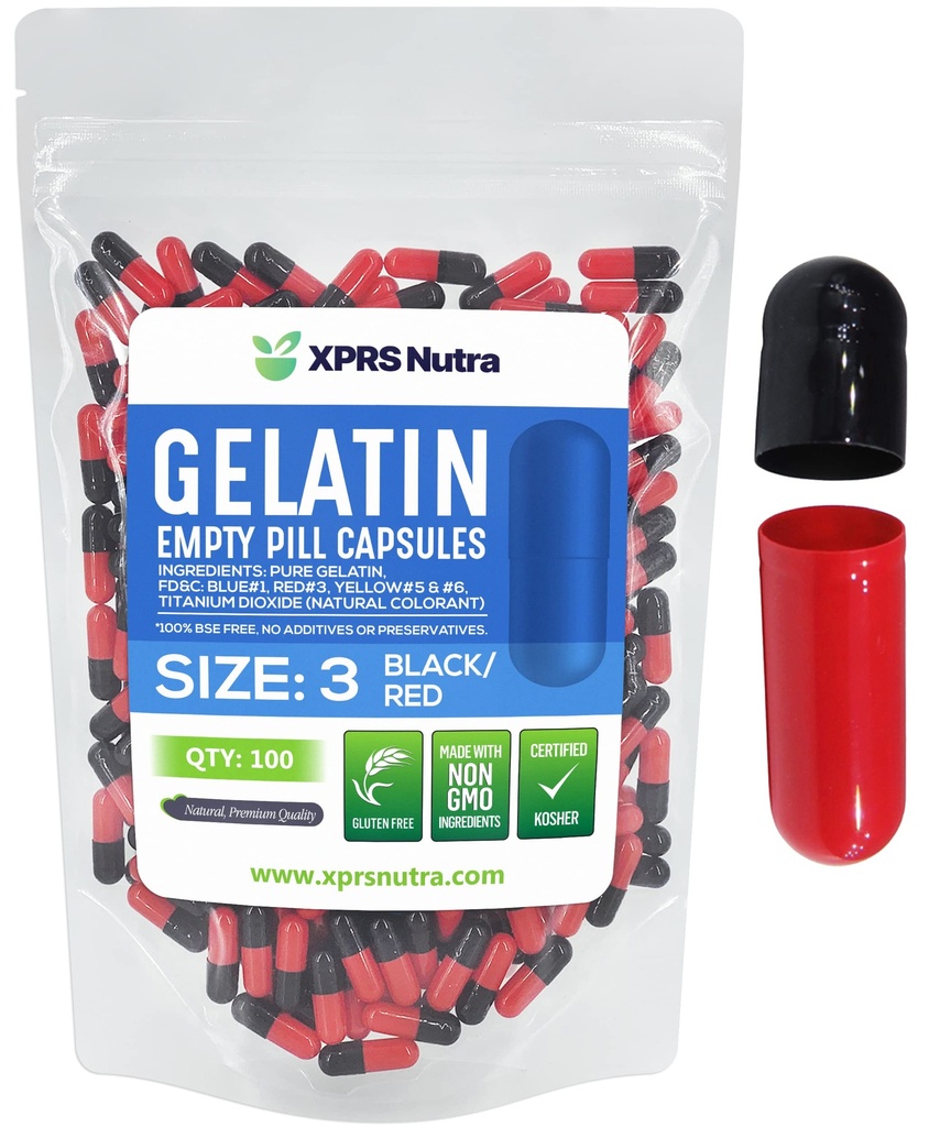 XPRS Nutra Størrelse 3 Tomme kapsler - 100 Tomme Gelatine kapsler - Piller gør det - Pure Bovin Pill Gel Caps Fyldelig til Do- It- Yourself vitaminer og kosttilskud (sort / rød)
