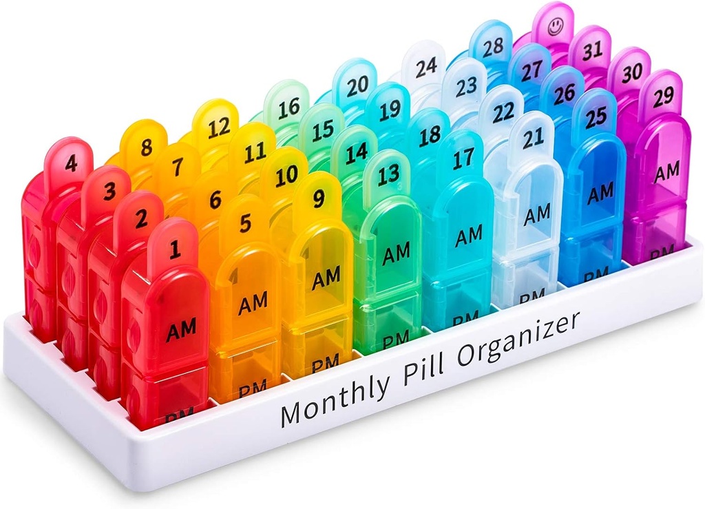 Pill Organizer Månedlig 2 gange om dagen, 30 dag Pill Organizer AM PM, En måned Pill Box Organizer med Unique Handle Design, 31 dag rejse Midicine Pill Cases Hold til Vitamin, Kosttilskud og Medicin