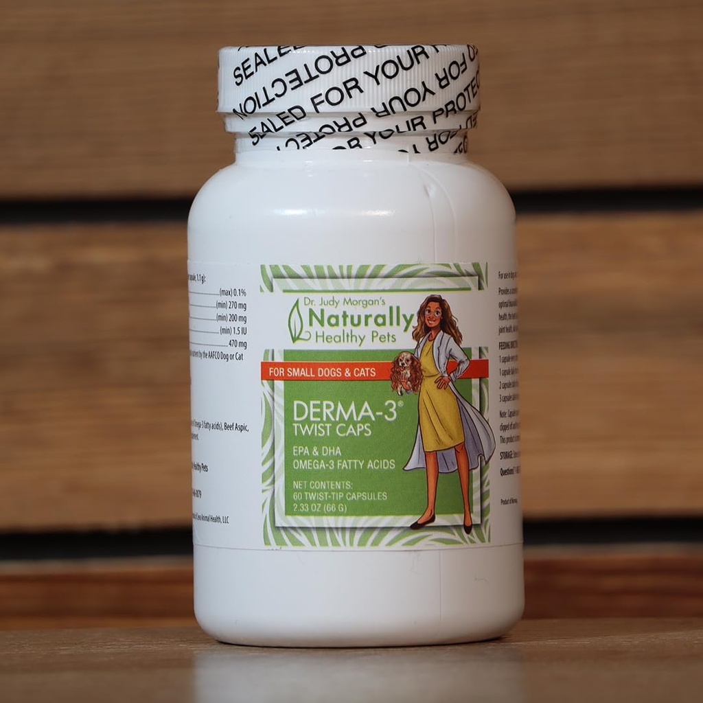 Dr. Judy Morgans naturligt sunde kæledyr Derma-3 Omega3 Fish Oil Twist Caps til hunde og katte (lille)