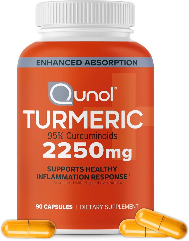 Qunol gurkemeje med sort peber, 2250 mg gurkemeje ekstrakt med 95% curcuminoider, ekstra styrke gurkemeje supplement, forbedret absorption, fælles supporttillæg, 90 vegetariske kapsler