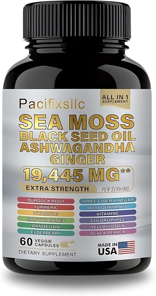 Sea Moss Black Seed Oil Ashwagandha Ginger C & D3 med sort peber til mænd og kvinder
