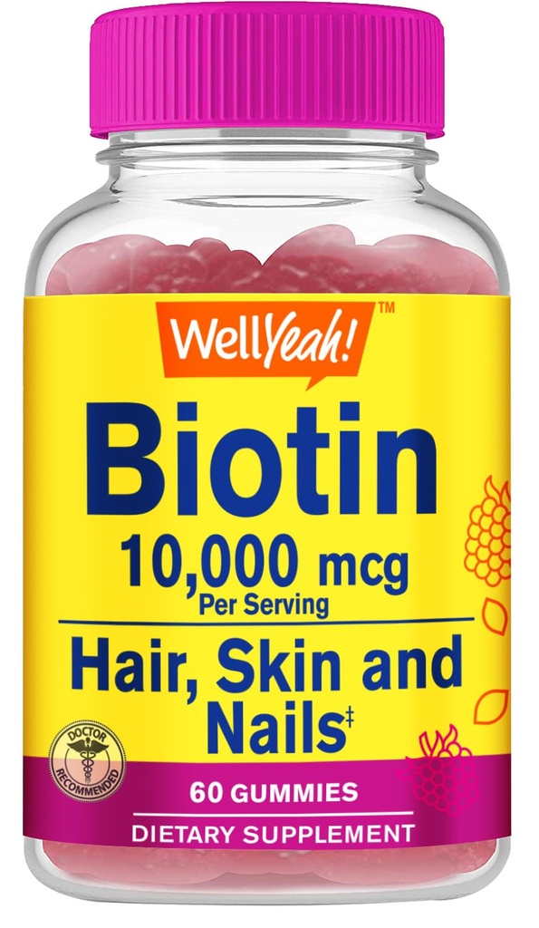 WellYe High Potency Biotin 10.000 mcg Gummies - for stærkere hår, hud & negle - Vegan- Friendly, Gluten- Free, Non- GMO, og lækker berry flavor - 60 Gummies