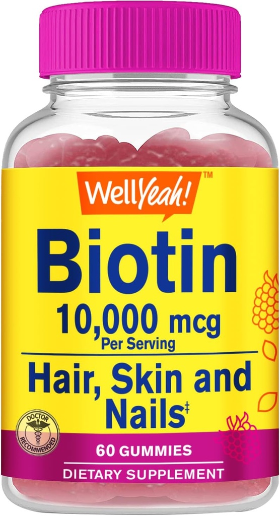 WellYe High Potency Biotin 10.000 mcg Gummies - for stærkere hår, hud & negle - Vegan- Friendly, Gluten- Free, Non- GMO, og lækker berry flavor - 60 Gummies