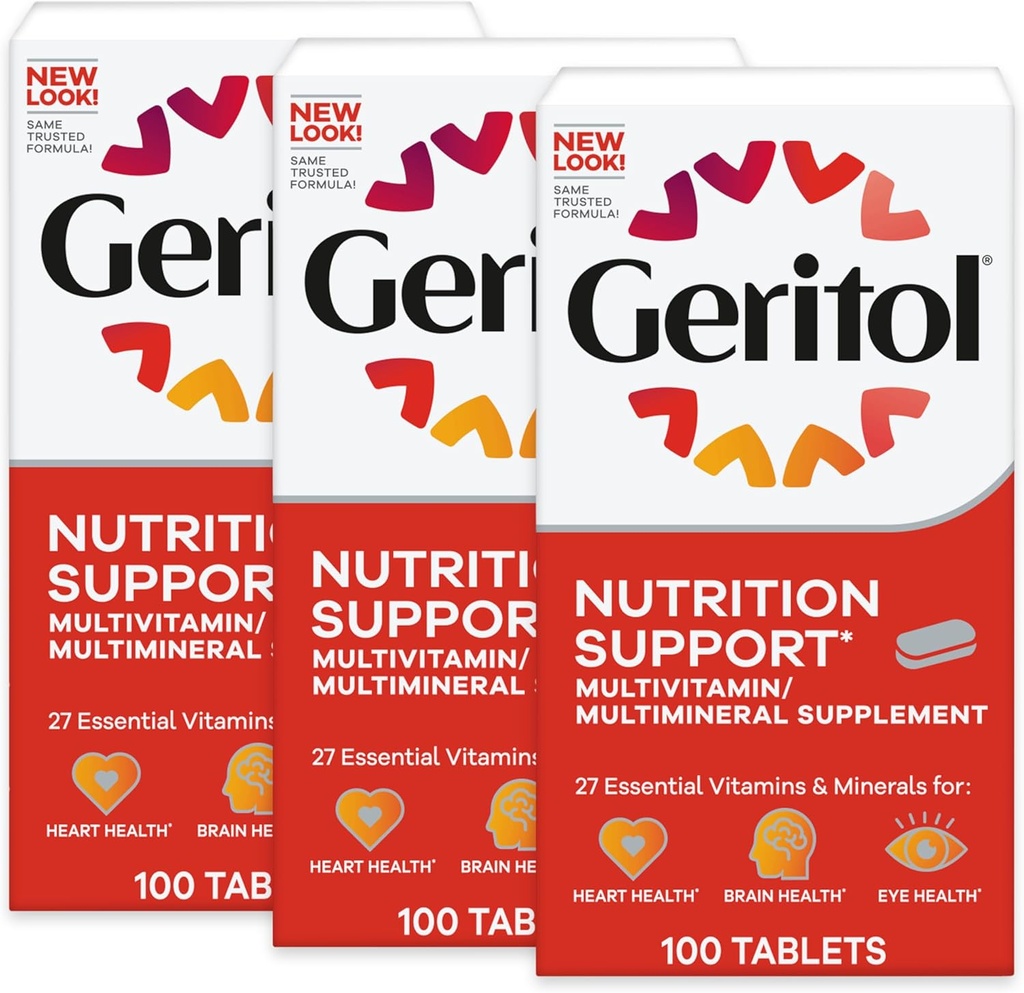 Geritol, Multivitamin Supplement, Contains B-Vitamins, Antioxidants, Vitamins C, E & D and Iron, 27 Essential Vitamins and Minerals, Gluten-Free, Non-GMO, No Artificial Sweeteners, 100 Tablets, 3 Pack