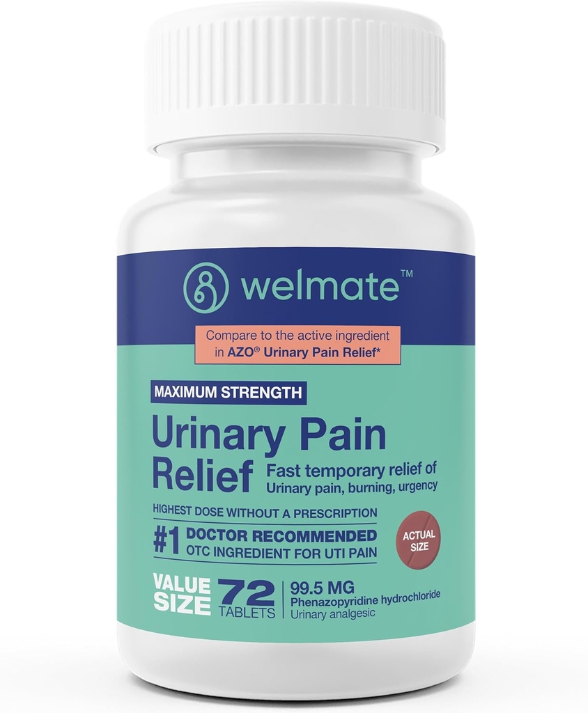 WELMAT - Urinvejssmertelindring (72 tabletter) - Phenazopyridin Hydrochlorid 99, 5 mg - Urinvejssmerter, akut og ubehag - maksimal styrke - Over- The- Counter Medication