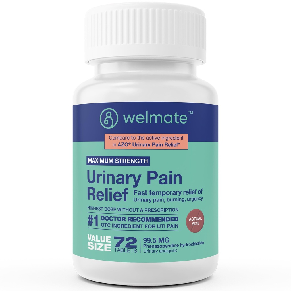 WELMAT - Urinvejssmertelindring (72 tabletter) - Phenazopyridin Hydrochlorid 99, 5 mg - Urinvejssmerter, akut og ubehag - maksimal styrke - Over- The- Counter Medication