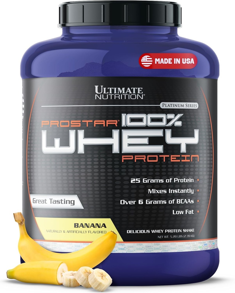 Ultimate Nutrition Prostar Whey Protein Powder Isolate, Banan - Low Carb, High Protein Powder Shake for Muscle Gain & Recovery - Lavnatrium, Low- Fat & Keto Friendly - 5.28 lbs Tub