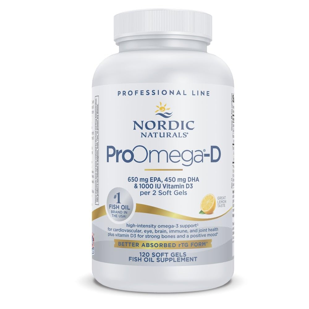 Nordic Naturals ProOmega- D, Lemon Flavor - 120 Soft Gels - 1280 mg Omega-3 + 1000 IE D3 - højpotens Fish Oil - EPA & DHA - Brain, Eye, Heart, & immunforsvar - non-GMO - 60 Servering