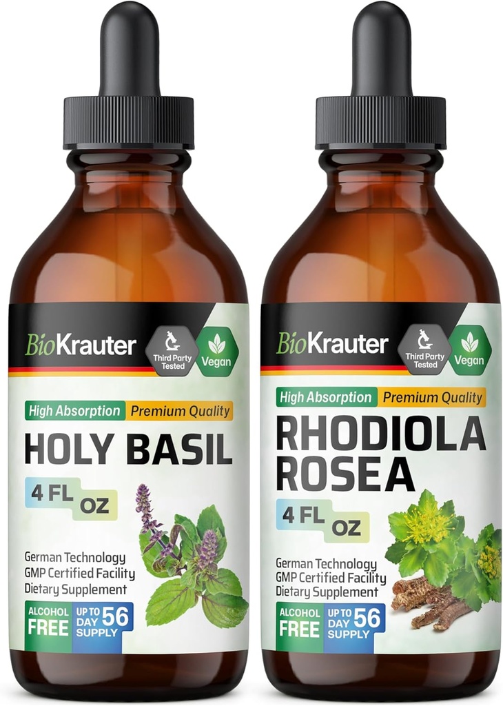 BIO KRAUTER Holy Basil tinktur 4 Fl. Oz. & Rhodiola Rosea tinktur 4 Fl. Oz.