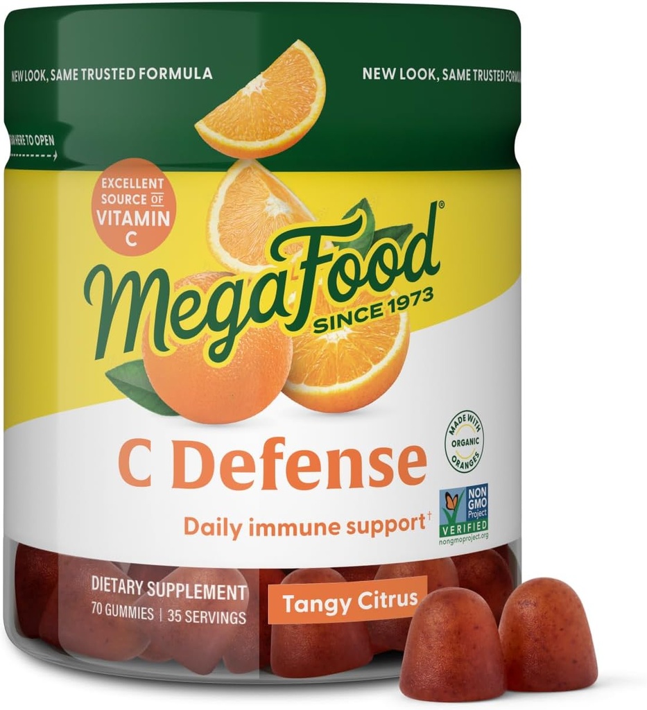MegaFood C Defense Daily Immune Support - Chewable Vitamin C Gummies, Tangy Citrus Flavor, Lavet med Real Food Like Orange & Cranberry, Vegan, Gluten- Free - 70 Gummy Vitamin, 35 Servering