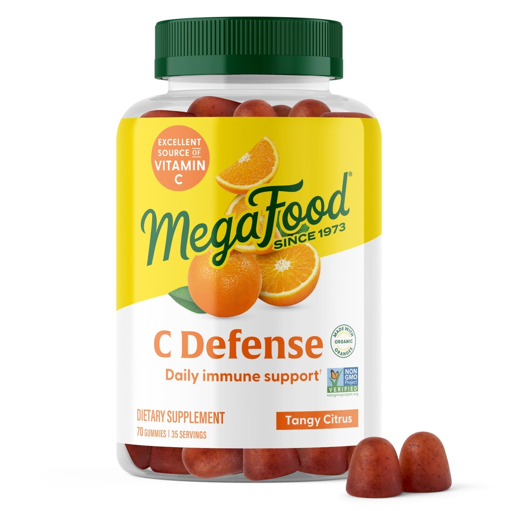 MegaFood C Defense Daily Immune Support - Chewable Vitamin C Gummies, Tangy Citrus Flavor, Lavet med Real Food Like Orange & Cranberry, Vegan, Gluten- Free - 70 Gummy Vitamin, 35 Servering