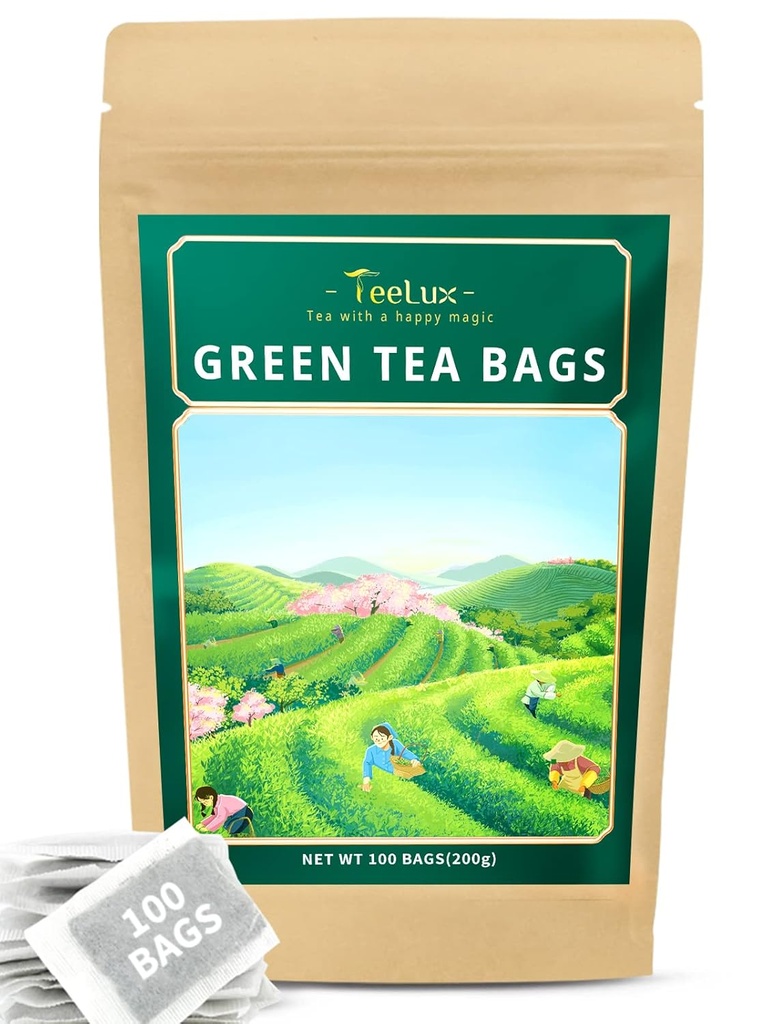 TeeLux Green Tea Tasker, Natural Pure Green Tea, Super Antioxidant, Caffeined, 100 Greve Tea Tasker til støtte Samlet sundhed
