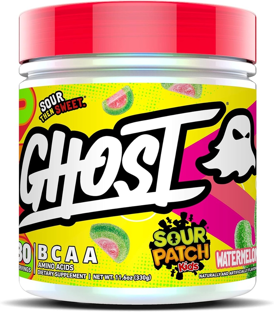 GHOST BCAA Powder Aminosyrer supplement, sour Patch Kids Watermelon - 30 Servere - Sukker- Gratis Intra, Post & Pre Workout Amino Powder & Recovery Drink, 7G BCAA