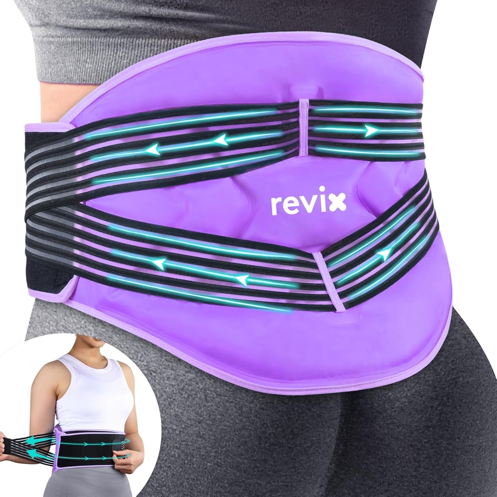 REVIX Genanvendelige store tilbage iskapper med kompressionsbånd, justerbar nedre ryg iskold til Lumbar, Sciatic Nerve, Soft Plush Lining, kold komprimerterapi