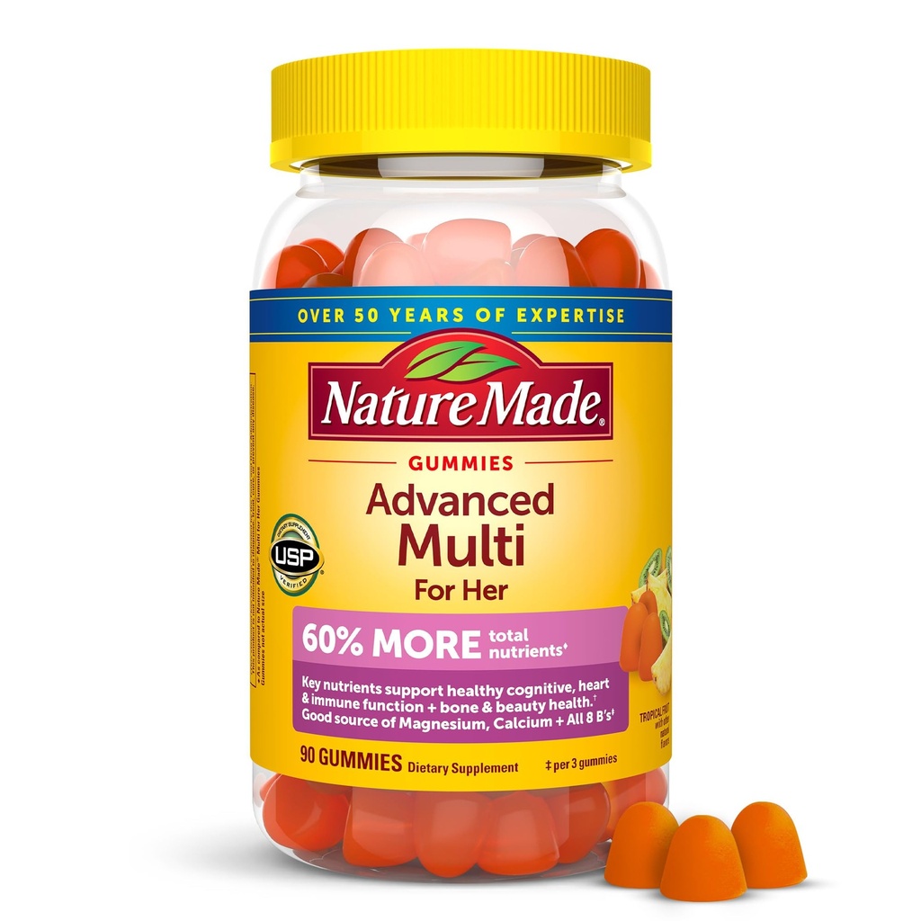 Nature Made Advanced Womens Gummy Multivitaminer med Magnesium Citrate, Calcium, B Vitamin, Multivitamin Gummies til kvinder, 90 Multi Vitamin Gummies, 30 dages forsyning