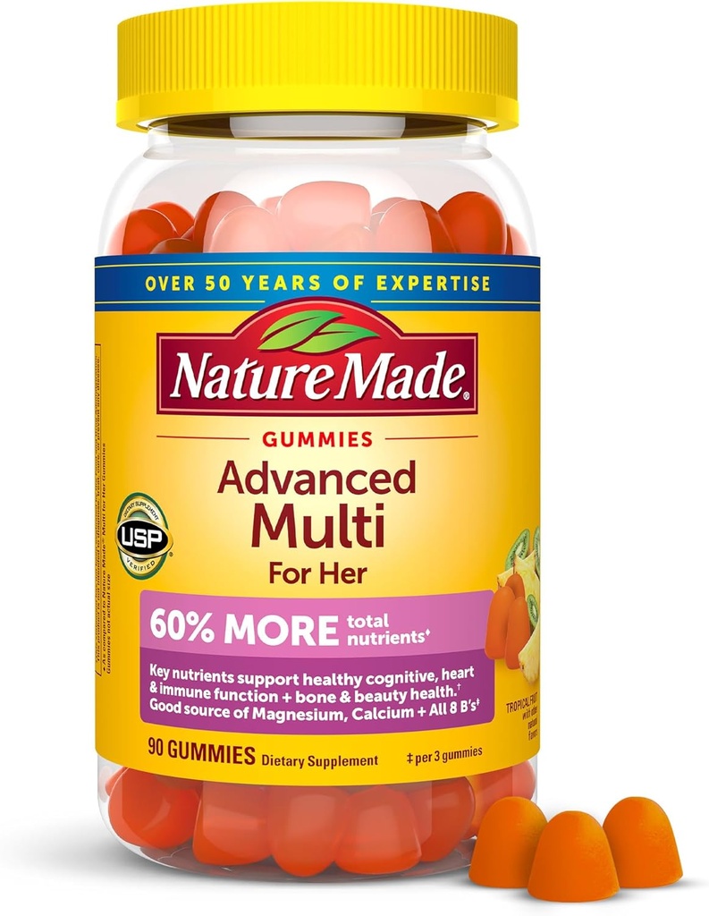 Nature Made Advanced Womens Gummy Multivitaminer med Magnesium Citrate, Calcium, B Vitamin, Multivitamin Gummies til kvinder, 90 Multi Vitamin Gummies, 30 dages levering