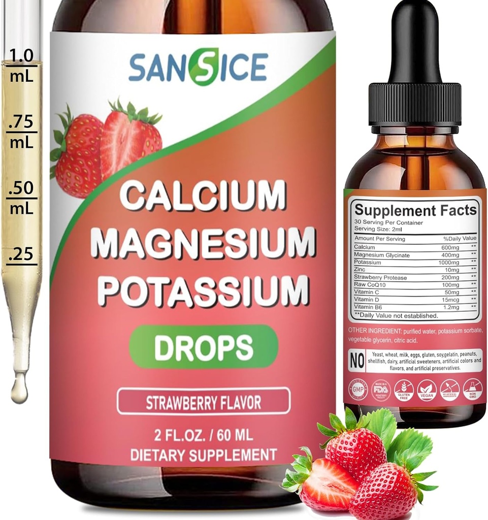 Calcium Magnesium Kalium Kosttilskud, Magnesium Glycinat 400mg Zink Multivitamin Drops Calcium Kalium tillæg Høj Absorption Vegan Non GMO (60ml / Strawberry Flavor)