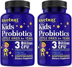 LOVEBUG Probiotics for Kids - Kids Probiotic Chewables with Prebiotics for Aged 4+, Daily Children’s Gut Health, Constipation, Digestive & Immune Support Supplement, Sugar-Free, 120 Soft Pearls