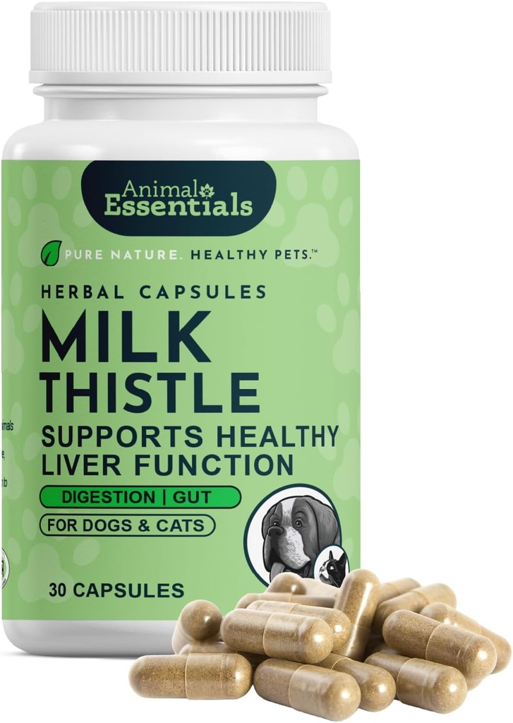 Animal Essentials Milk Thistle for Dogs & Cats - Leverstøtte, Milk Thistle 150mg, Silymarin, Leversupplement, Urtekapsler, Organic Human Grade Herbs, Veterinarian Recommended - 30 Greve
