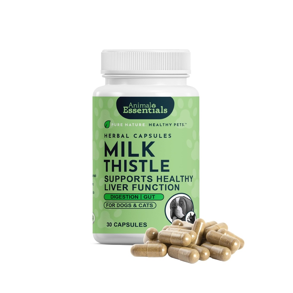 Animal Essentials Milk Thistle for Dogs & Cats - Leverstøtte, Milk Thistle 150mg, Silymarin, Leversupplement, Urtekapsler, Organic Human Grade Herbs, Veterinarian Recommended - 30 Greve