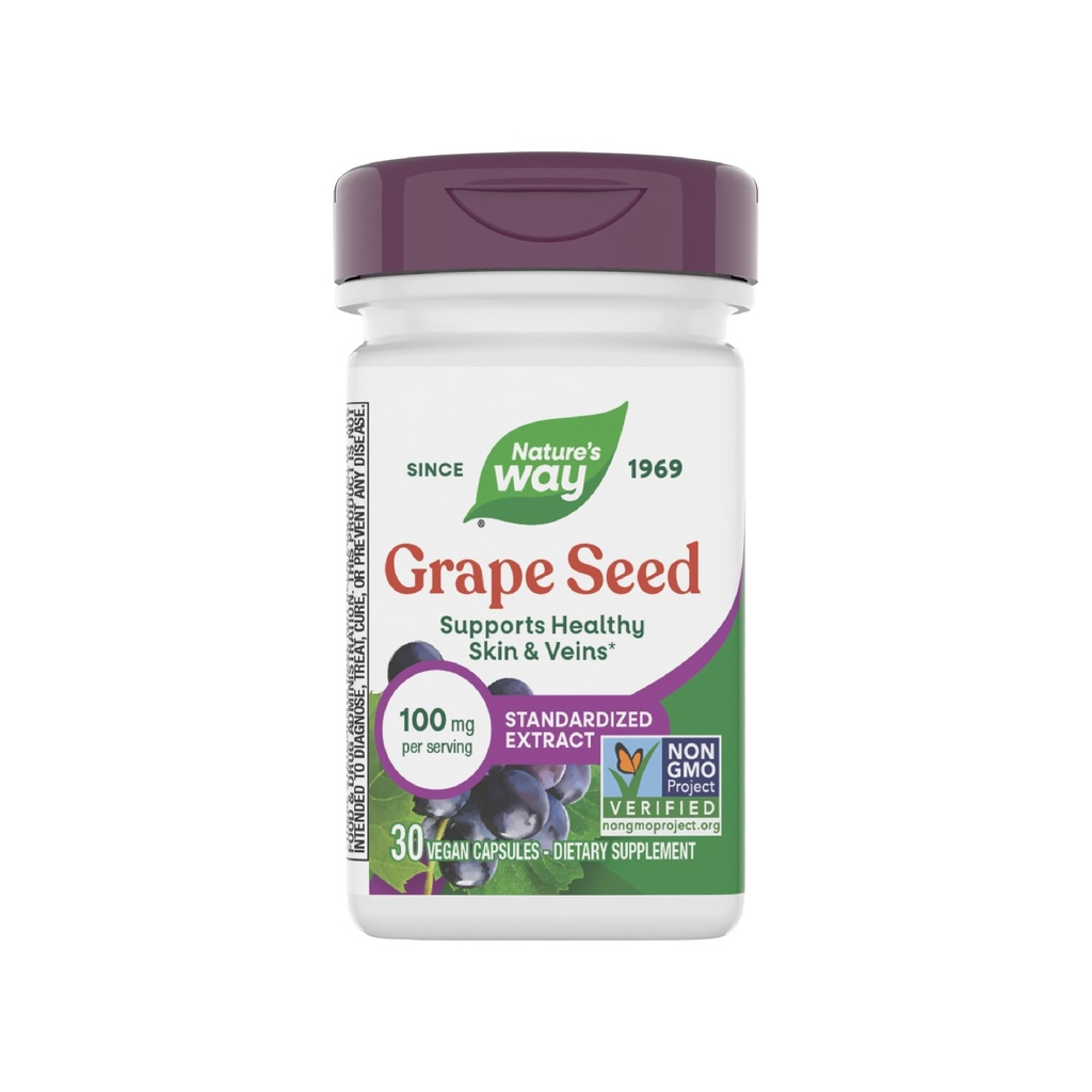 Nature 's Way Grape Seed Standardized Extract, Understøtter sund hud og veiner *, Antioxidant Support *, Non- GMO Project Verified, 30 Vegan kapsler (Packaging May Vary)