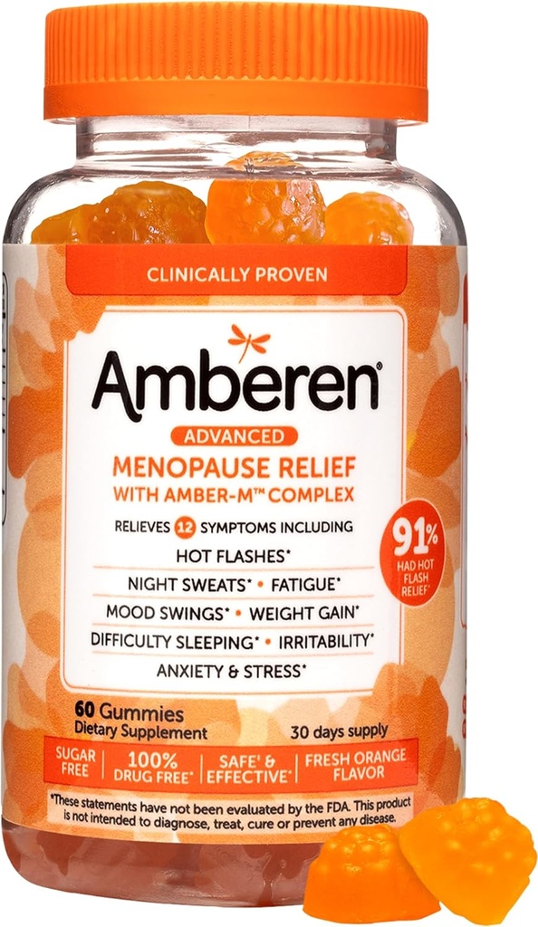 Amberen Menopause Kosttilskud til kvinder, Multi- symptom Relief, E-vitamin & Unique Amberen Compound, Hjælper Support Hormone Balance, Hot Flashes & Night Sweats, Sugar Free, Orange Flavor, 60 gummies