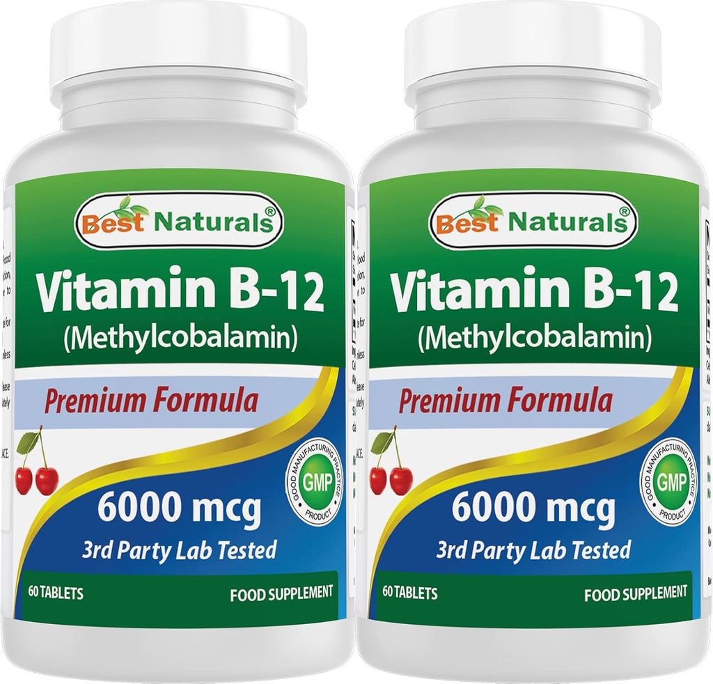 Best Naturals Vitamin B-12 as Methylcobalamin (Methyl B12), 6000 mcg 60 Sublingual Tablets (60 Count (Pack of 2))