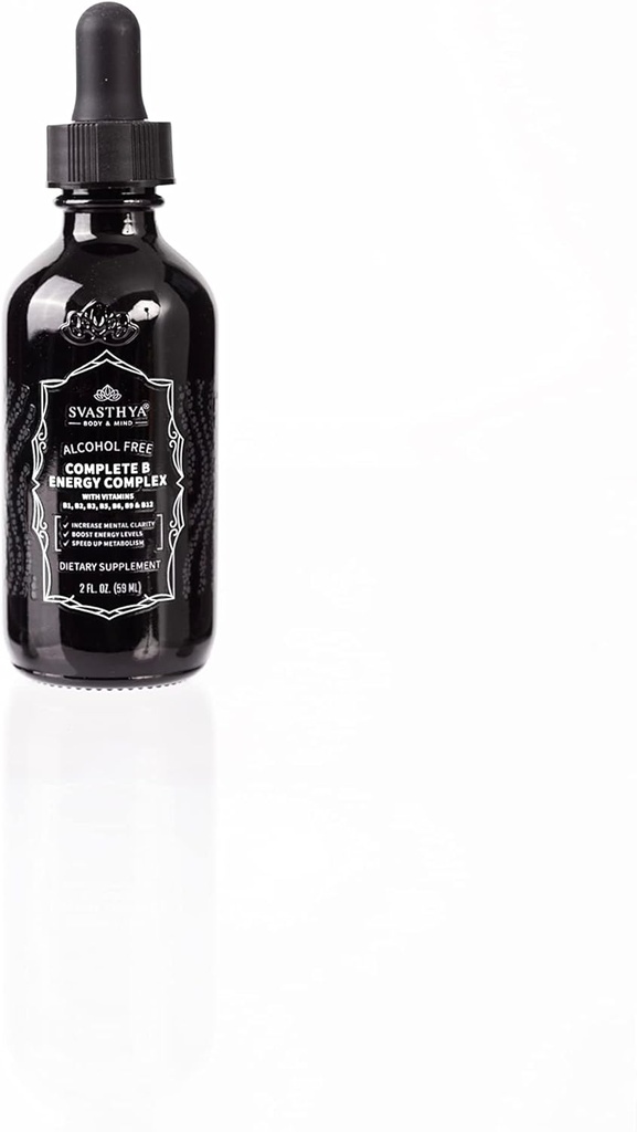 Svastya Body & Mind B2 D3 Vitamin B Complex Liquid Supplement - Alle naturlige væske B Vitaminer til kvinder, mænd og børn - Ultra Potent Drops w / B- 6, B- 12- 5000mcg, Sublingual & Vegan Friendly