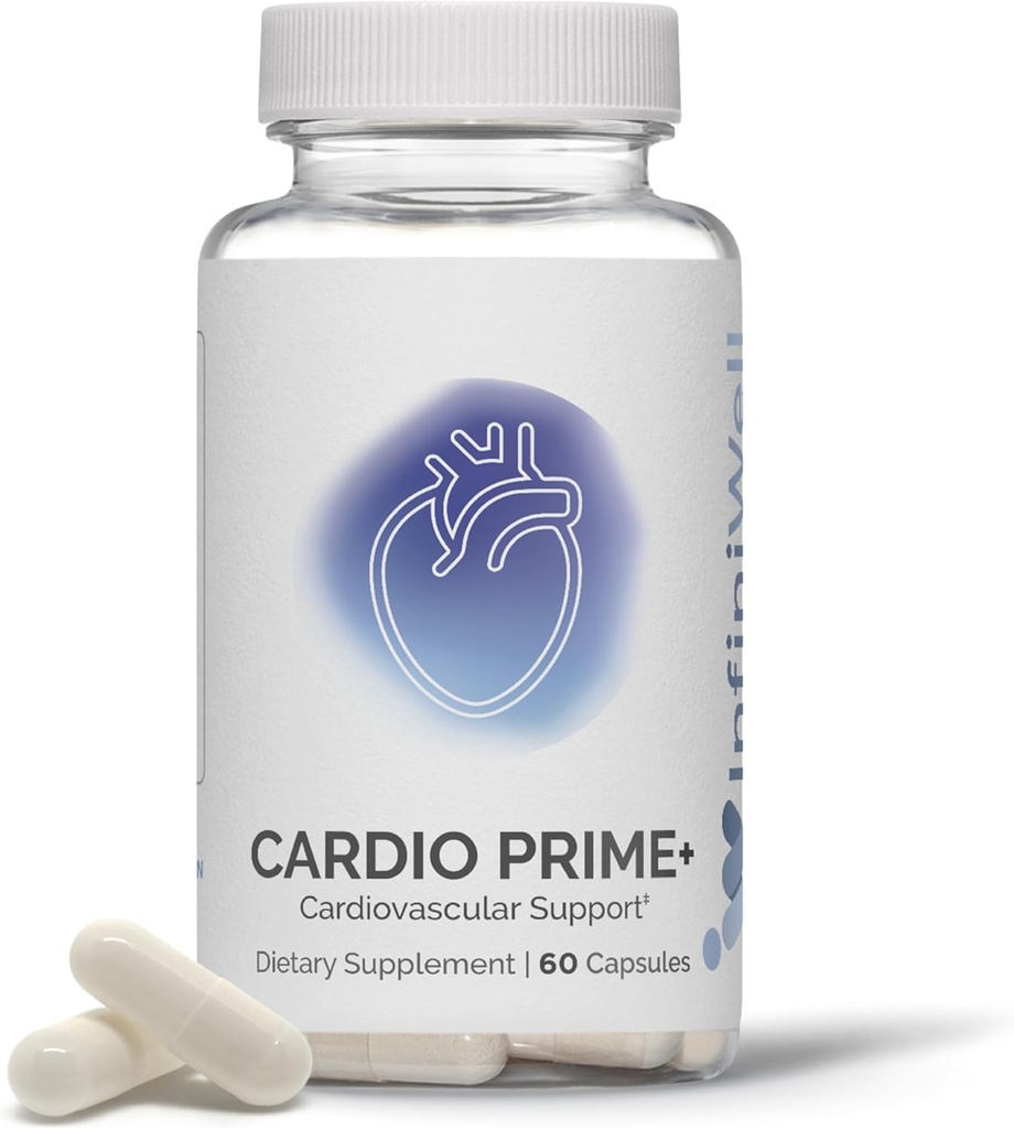 InfinWell Cardio Prime + Heart Health Kosttilskud - Antioxidanter & Innovative Peptider til kardiostatisk sundhed - NAD3 & Nattokinase til en sund hjerte & metabolisk balance (60 kapsler)