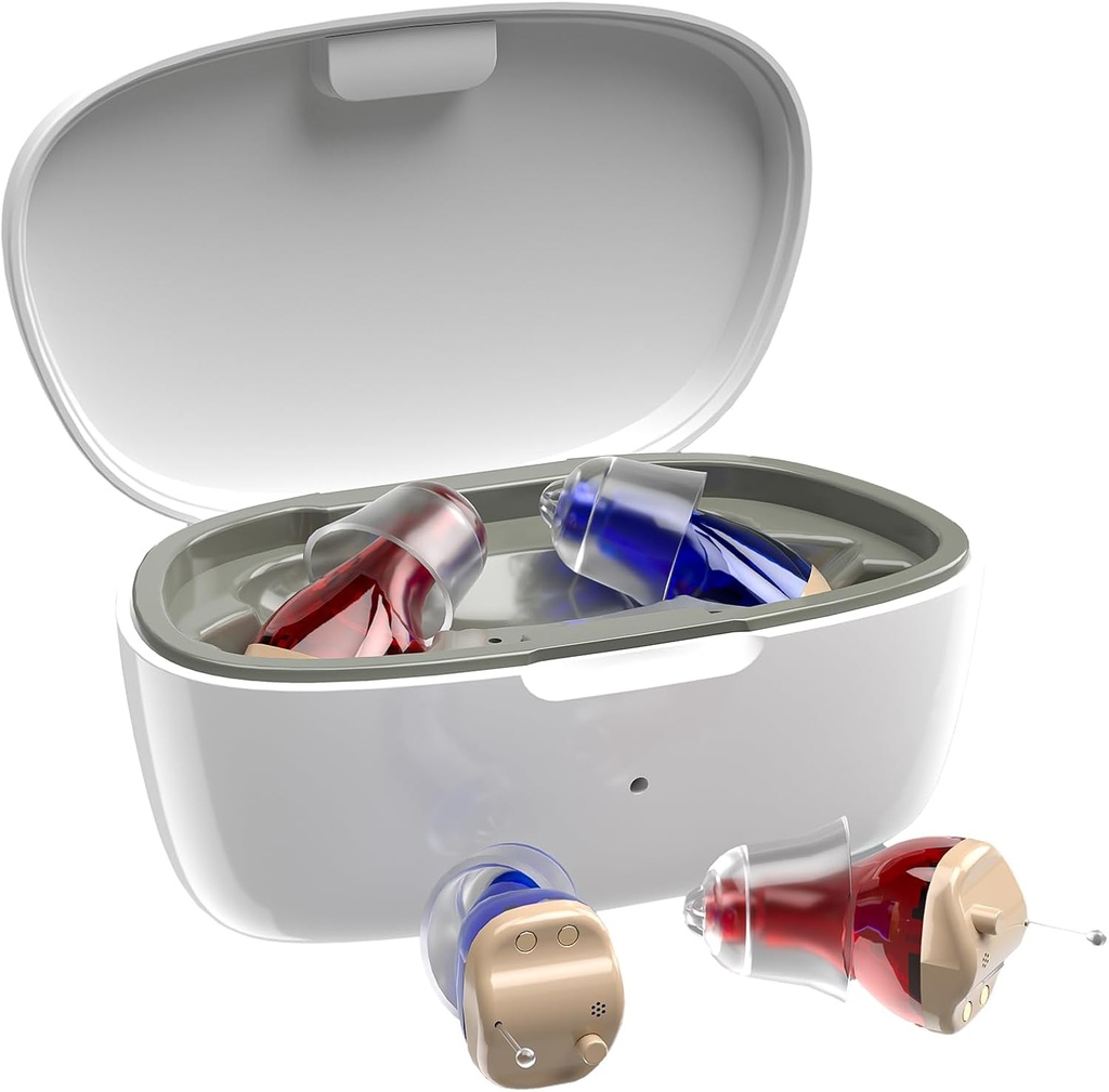 Høreapparater til seniorer, høreapparater til høretab, personlige høreforstærkere med Volume Control og transportabel magnetisk opladning sag, støjdæmpende høreapparater (hvid)