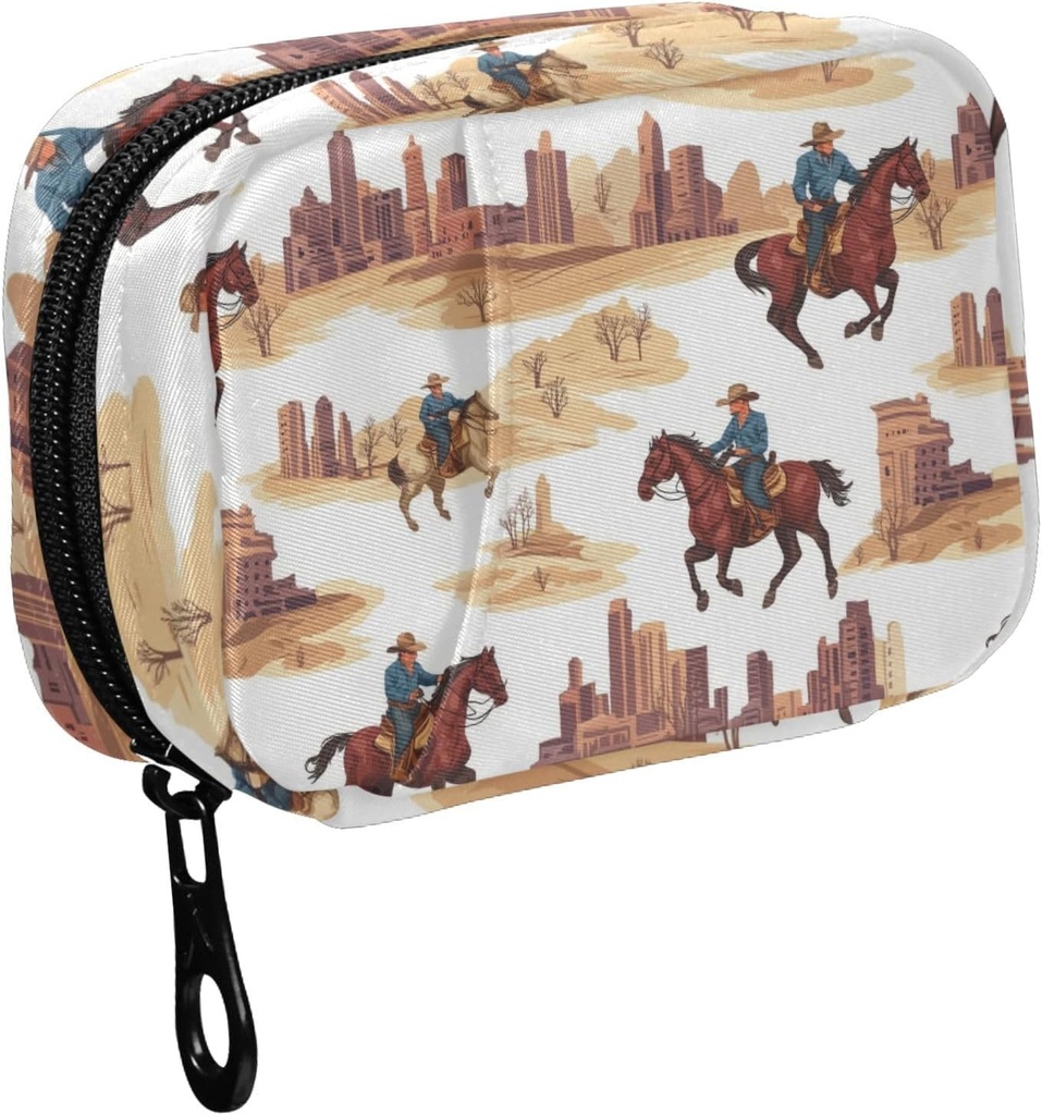 Fustylead Western Cowboy Riding Horse and Building Pill Organizer til purse, Ugentlig Portable Pill Box med lynlås til opbevaring Vitaminer Fisk Olier Medicin Kosttilskud