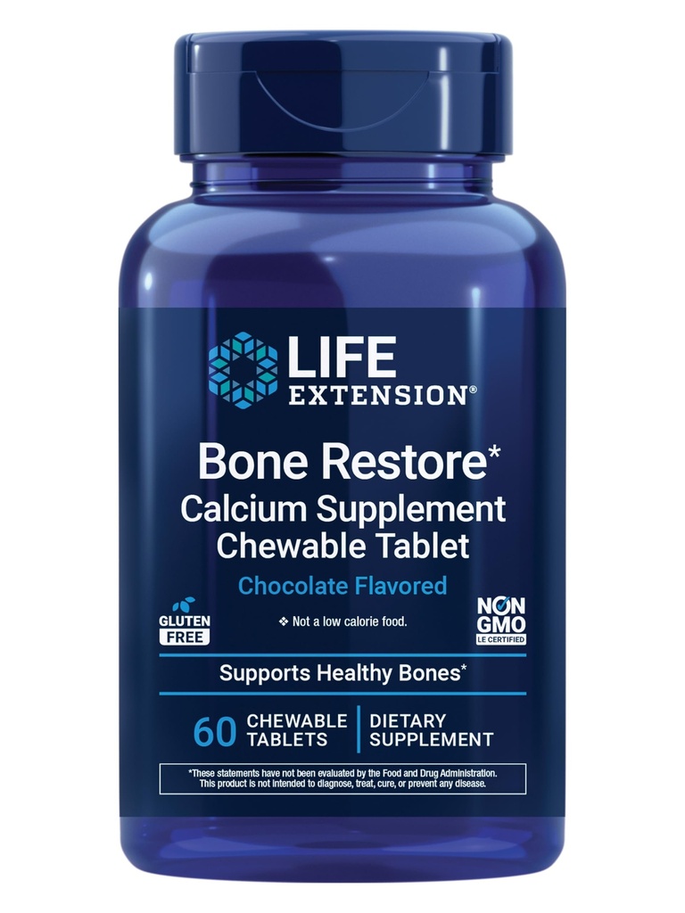 Life Extension Bone Gendanne Calcium Supplement tyggetabletter, Knogletilskud, Calcium, D-vitamin, mineraler, Gluten Free, Non- GMO, 60 tabletter