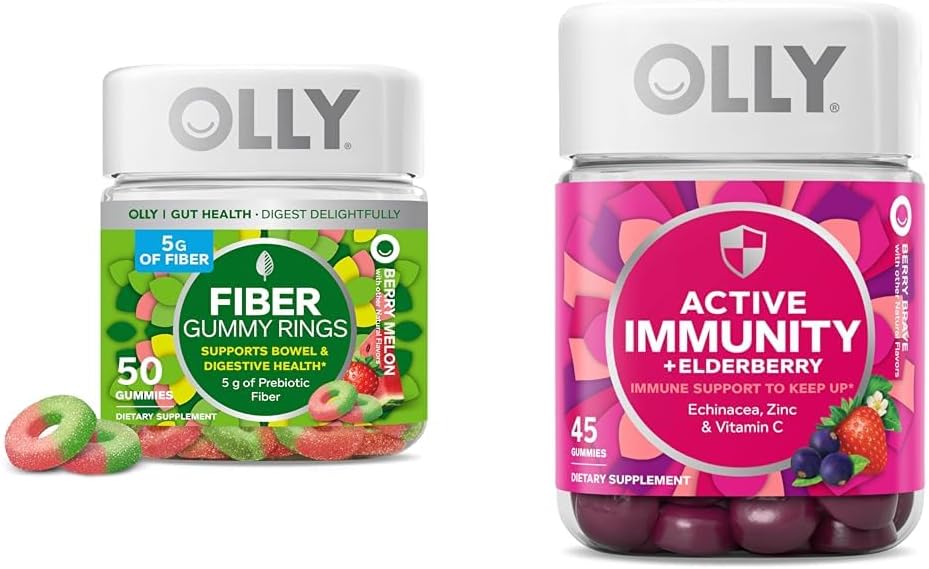OLLY Fiber Gummy Ringe 50ct & Active Immunity + Elderberry Gummies 45ct Berry Flavors fordøjelse & immunforsvar