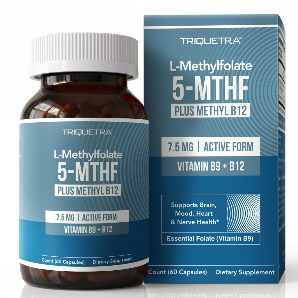 L Methylfolat 7, 5 mg plus MethylB12 - Active 5- MTHF Form, MTHFR Supplement - Bloodstream Ready Methylerede Folate + B12 Cofaktor - Understøtter Mood, Homocystein Methylering, Cognition (60 kapsler)