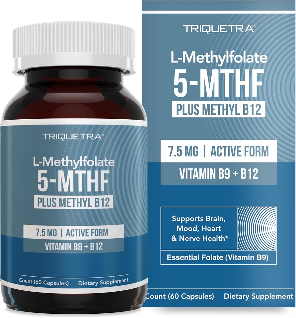 L Methylfolate 7.5mg plus Methyl B12 - Active 5-MTHF Form, MTHFR Supplement - Bloodstream Ready Methylated Folate + B12 Cofactor - Supports Mood, Homocysteine Methylation, Cognition (60 Capsules)