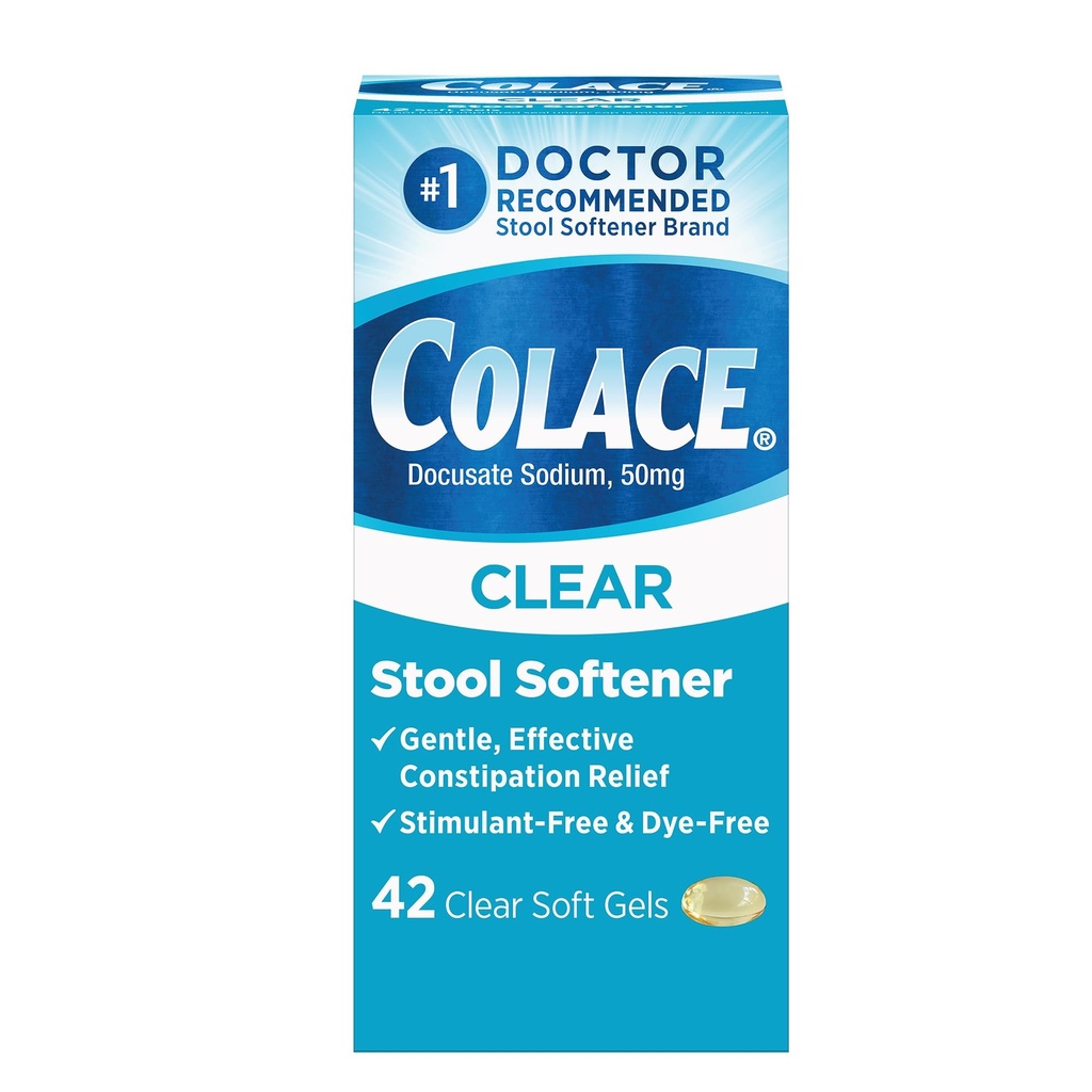 Colace Clear Afføring Blødgøringsmiddel til genert effektiv Forstoppelse Relief, # 1 Doctor Anbefalet Afføring Blødgøringsmiddel Mærke, Dye Free, 50 mg Docusat Kapsler, 42 Greve