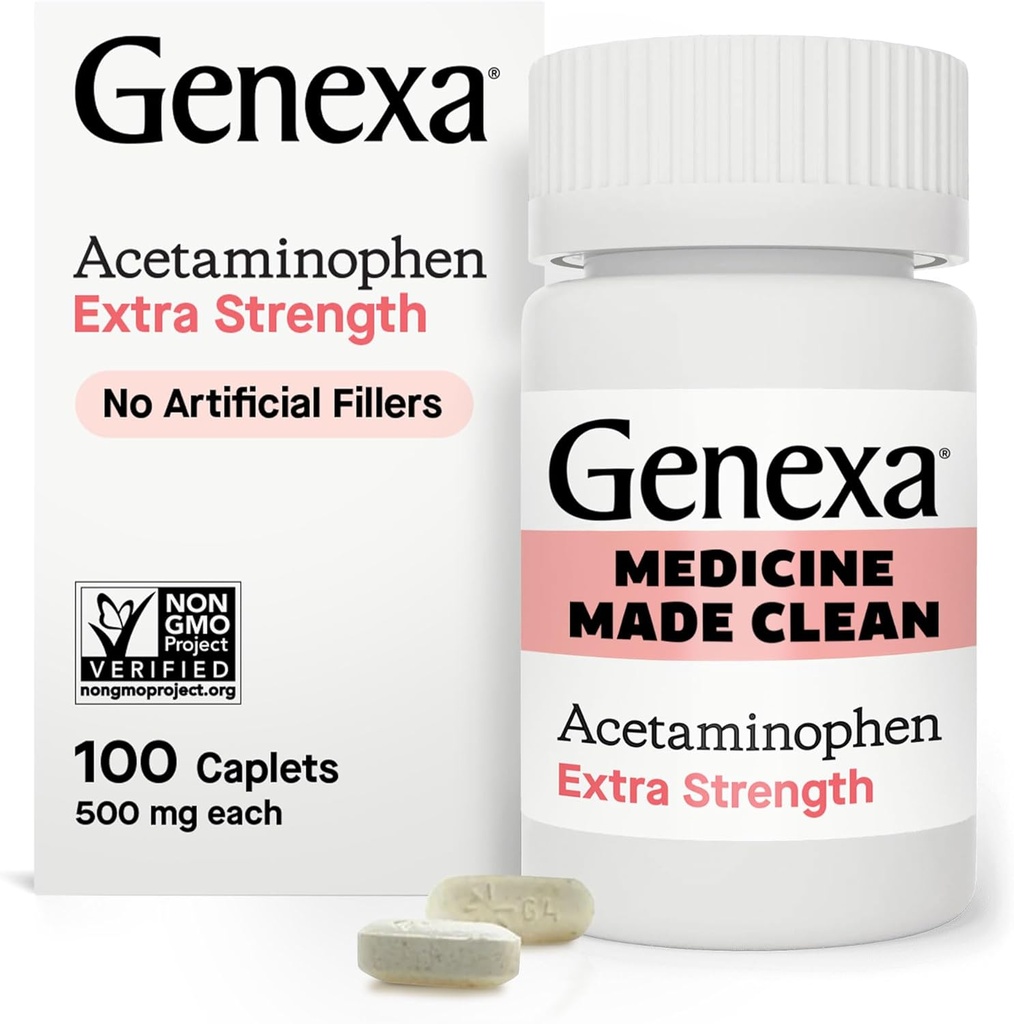 Genexa Clean Acetaminophen 500mg Extra Strength, Dye Free Pain Reliever Fever Reducer, 0% kunstige tilsætningsstoffer, smertestillende medicin til voksne, Relieves Hovedpine, Backache, Mindre gigt Smerte, 100 tabletter
