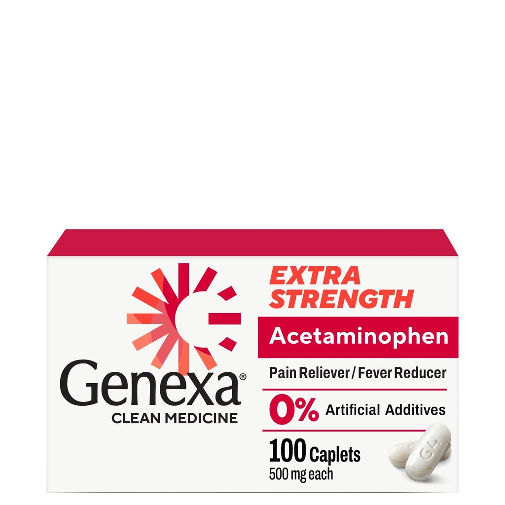 Genexa Clean Acetaminophen 500mg Extra Strength, Dye Free Pain Reliever Fever Reducer, 0% kunstige tilsætningsstoffer, smertestillende medicin til voksne, Relieves Hovedpine, Backache, Mindre gigt Smerte, 100 tabletter