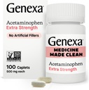 Genexa Clean Acetaminophen 500mg Extra Strength, Dye Free Pain Reliever Fever Reducer, 0% kunstige tilsætningsstoffer, smertestillende medicin til voksne, Relieves Hovedpine, Backache, Mindre gigt Smerte, 100 tabletter